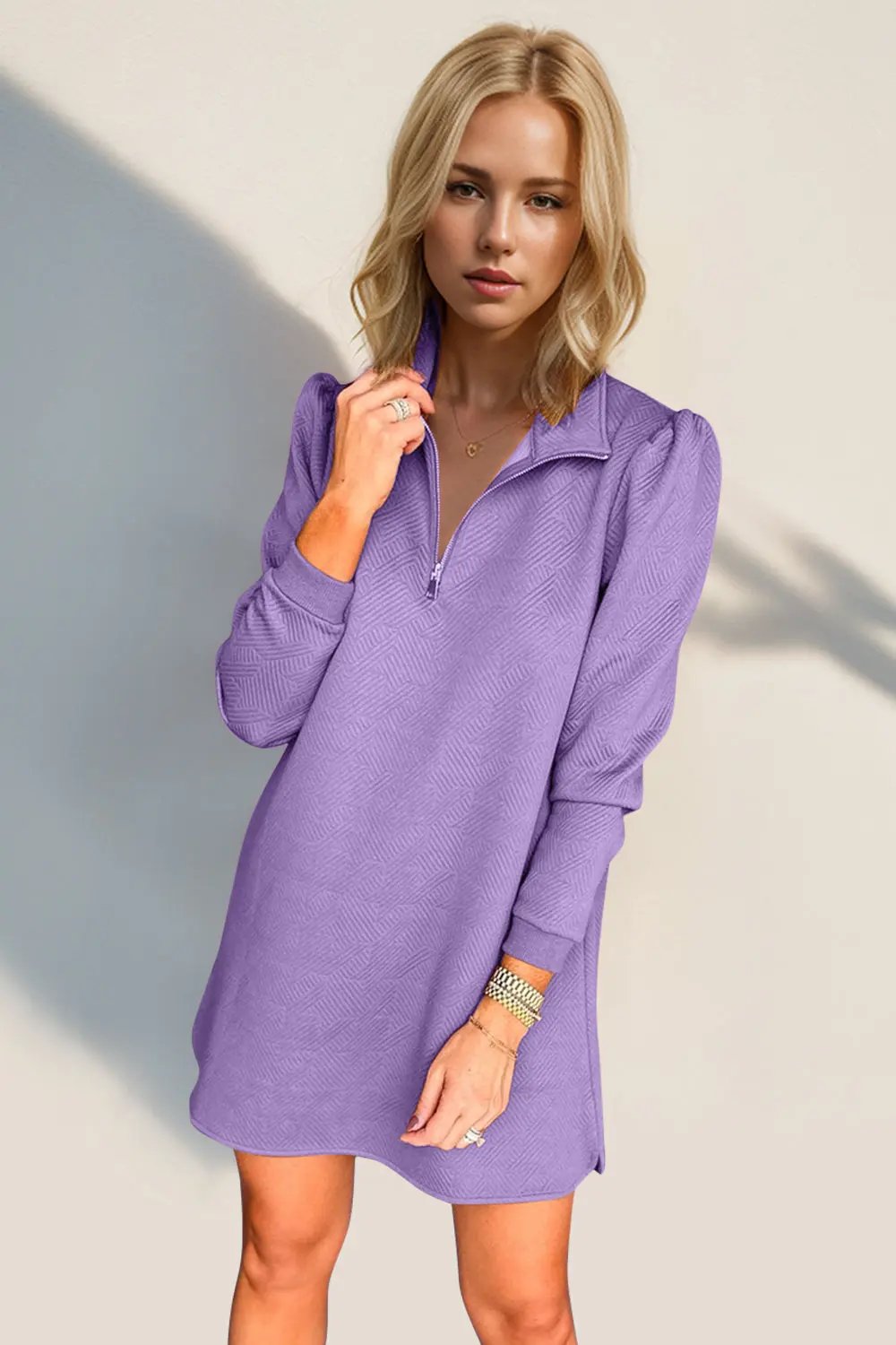 Double Take Textured Quarter Zip Long Sleeve Dress - Love Salve